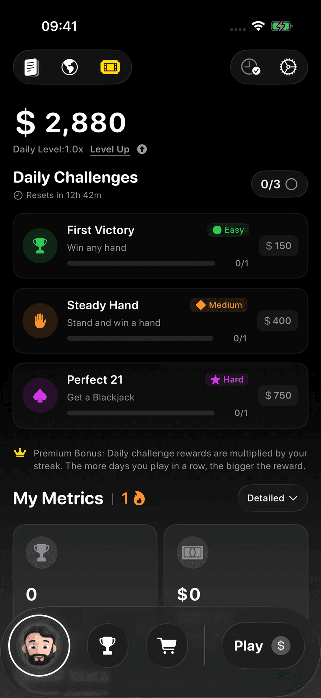 Hit21 free blackjack 21 gameplay on iPhone showing card table and betting interface
