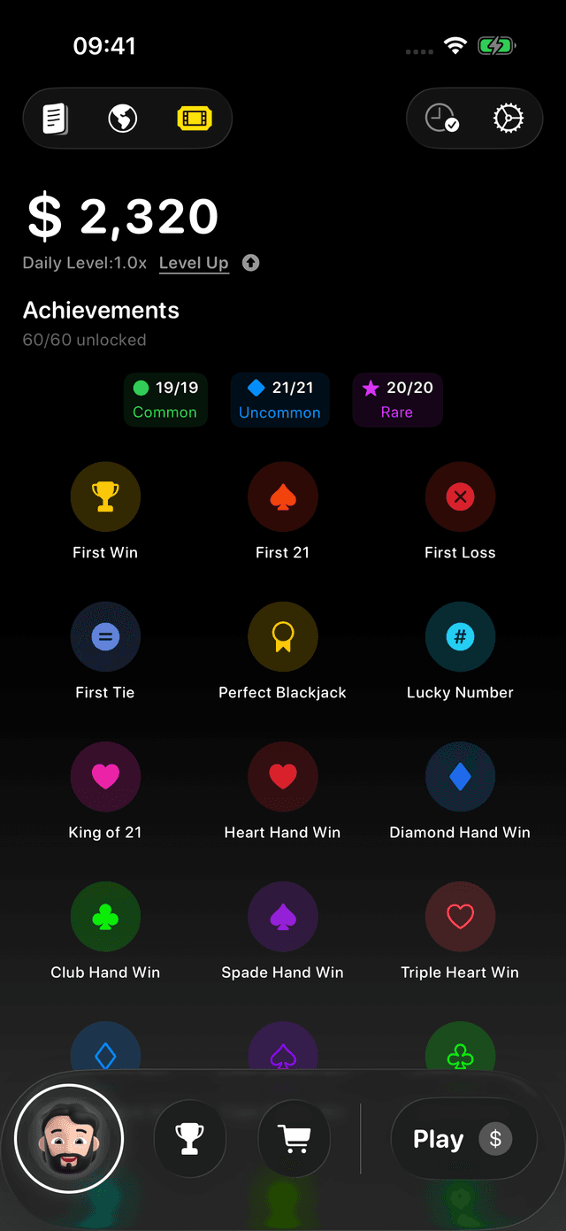 Hit21 blackjack statistics and progress tracking dashboard on iOS